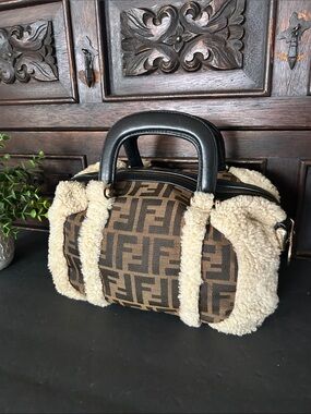 Brown Monogram Satchel with Cream Shearling Trim